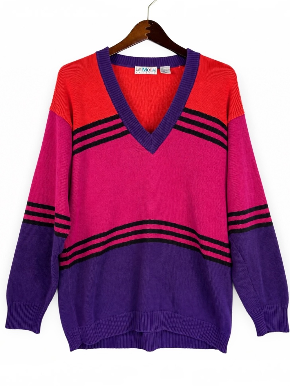 Vintage 80s Le Moda Colorblock V Neck Sweater Pink Purple S